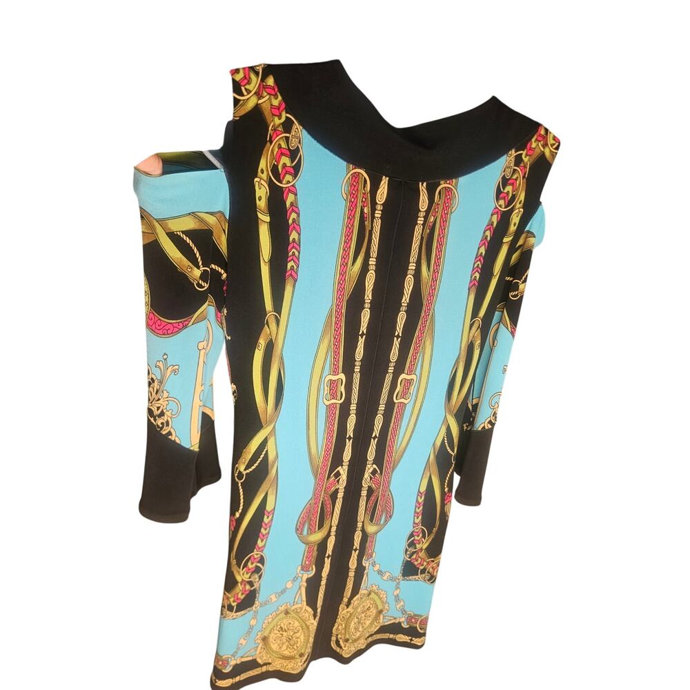 Eva Varro Multi Color Dress Tunic Sz M "Versace Style" Cut Out Shoulders Vneck - Picture 5 of 8